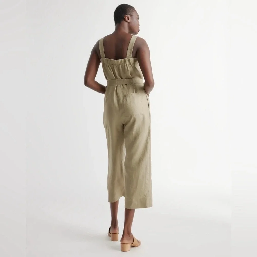 QUINCE Square Neck Linen Jumpsuit Women Medium Olive Green Belted Sleeveless